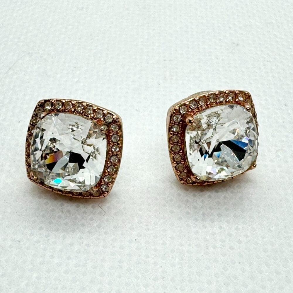 Origami Owl Stud Earrings Rose Gold Tone Cushion Cut Swarovski Crystals Stunning